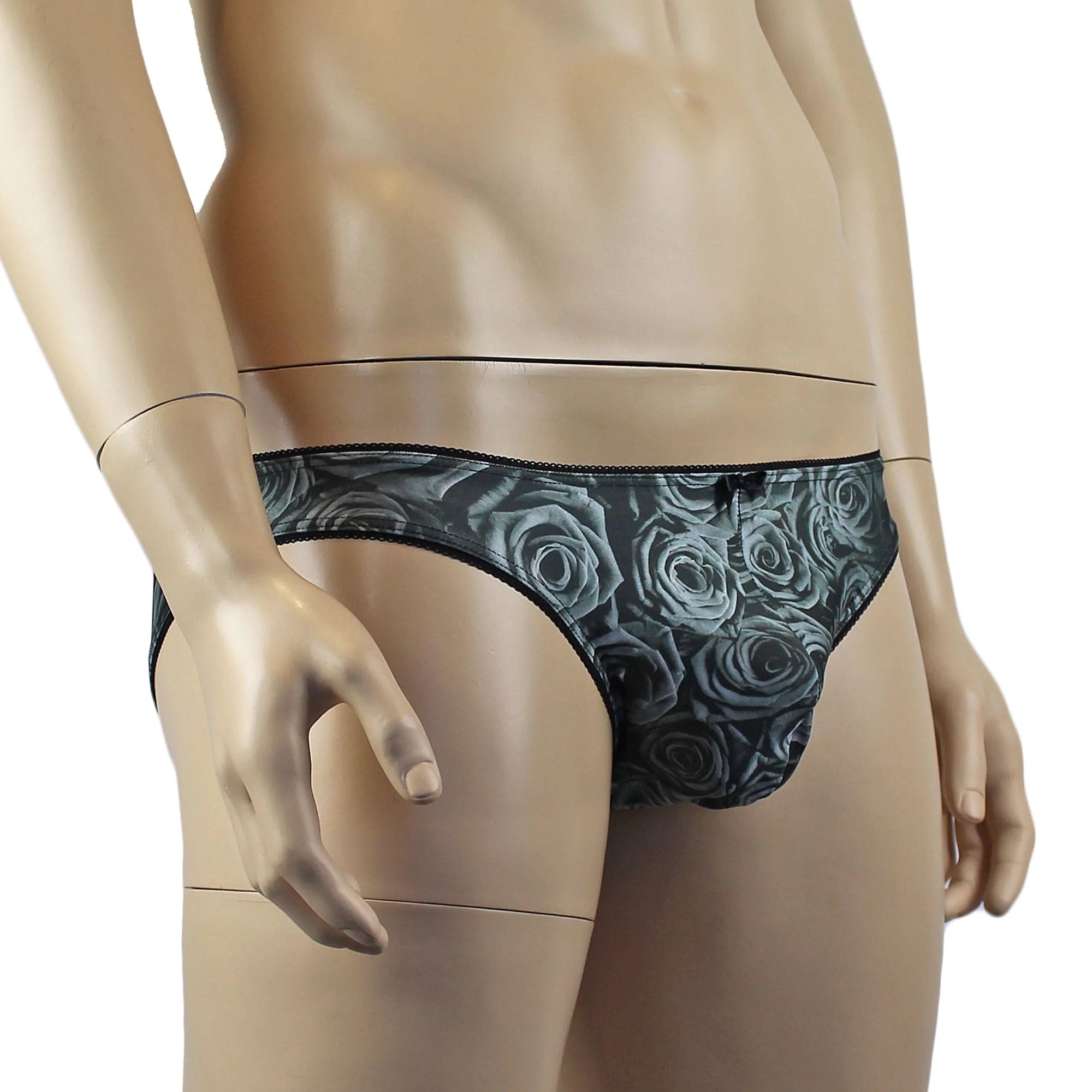 SALE - Mens Roses Stretch Spandex Panty Brief with Decorative Pico Elastic Grey