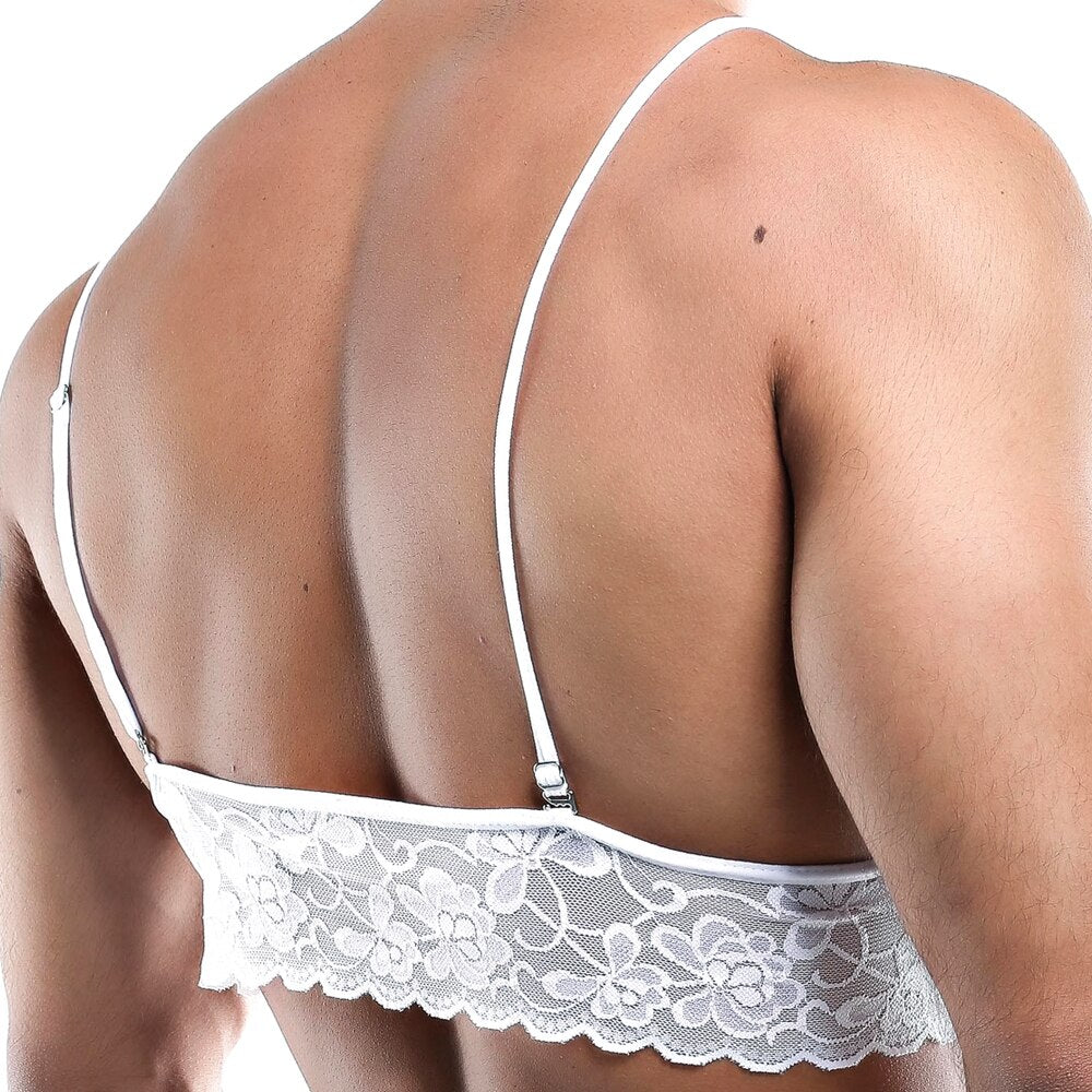 SALE - Mens Stretch Spandex and Lace Bra Top White and Green