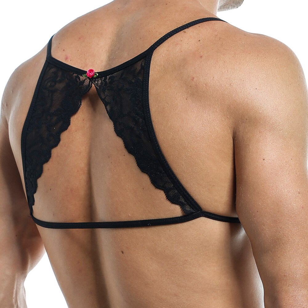 SALE - Mens Bra Top with Lace Peep Hole Back Black