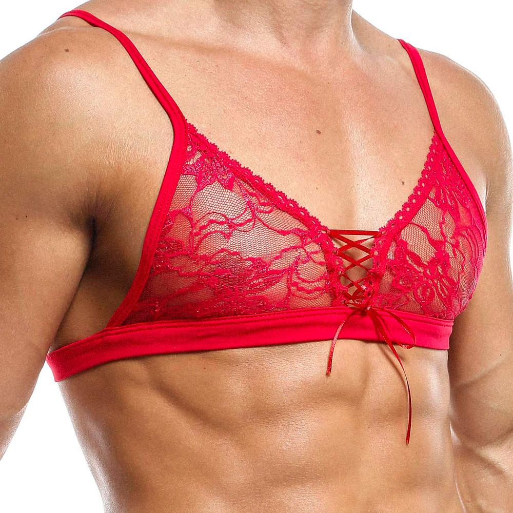 JCSTK - Mens Secret Male Lace Bra Top with Lace-up Front Red