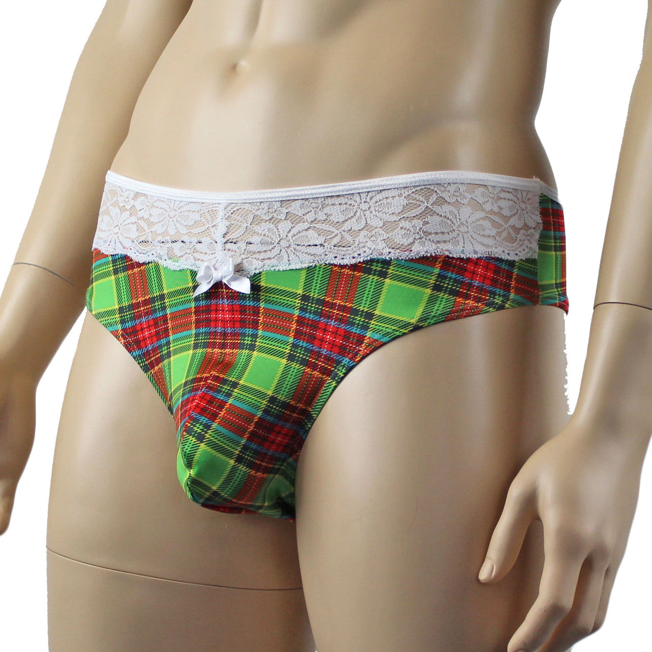 Mens Plaid Tartan High Waist Thong with Lace Green and Red