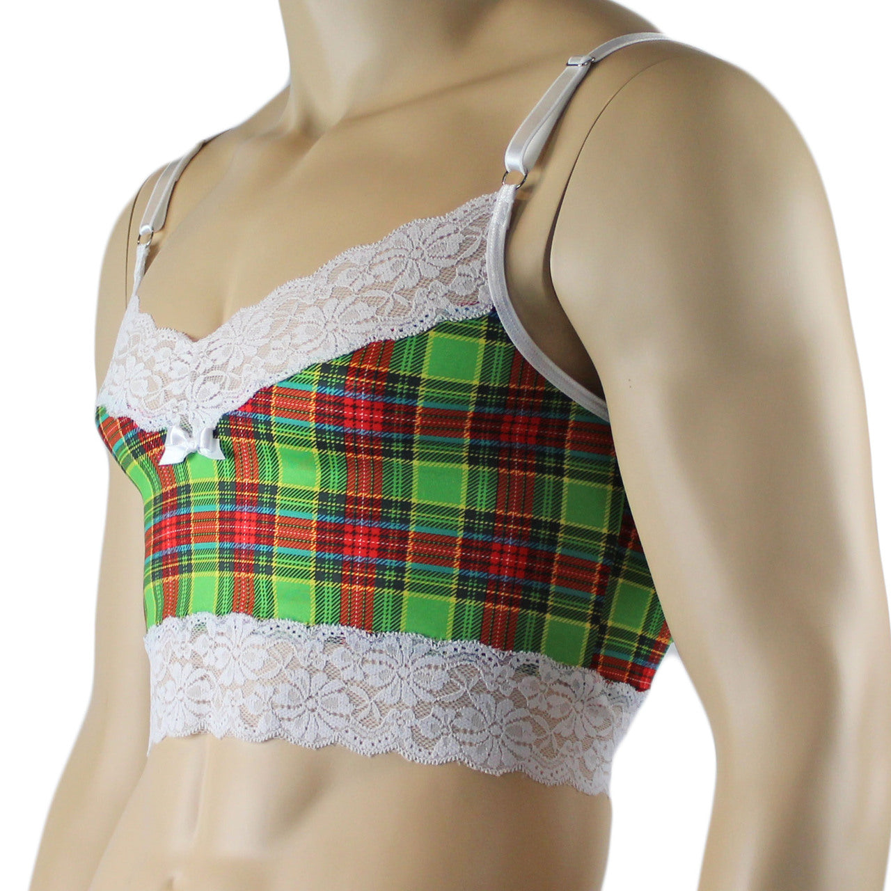 Mens Plaid Tartan Camisole Top with Lace Green and Red