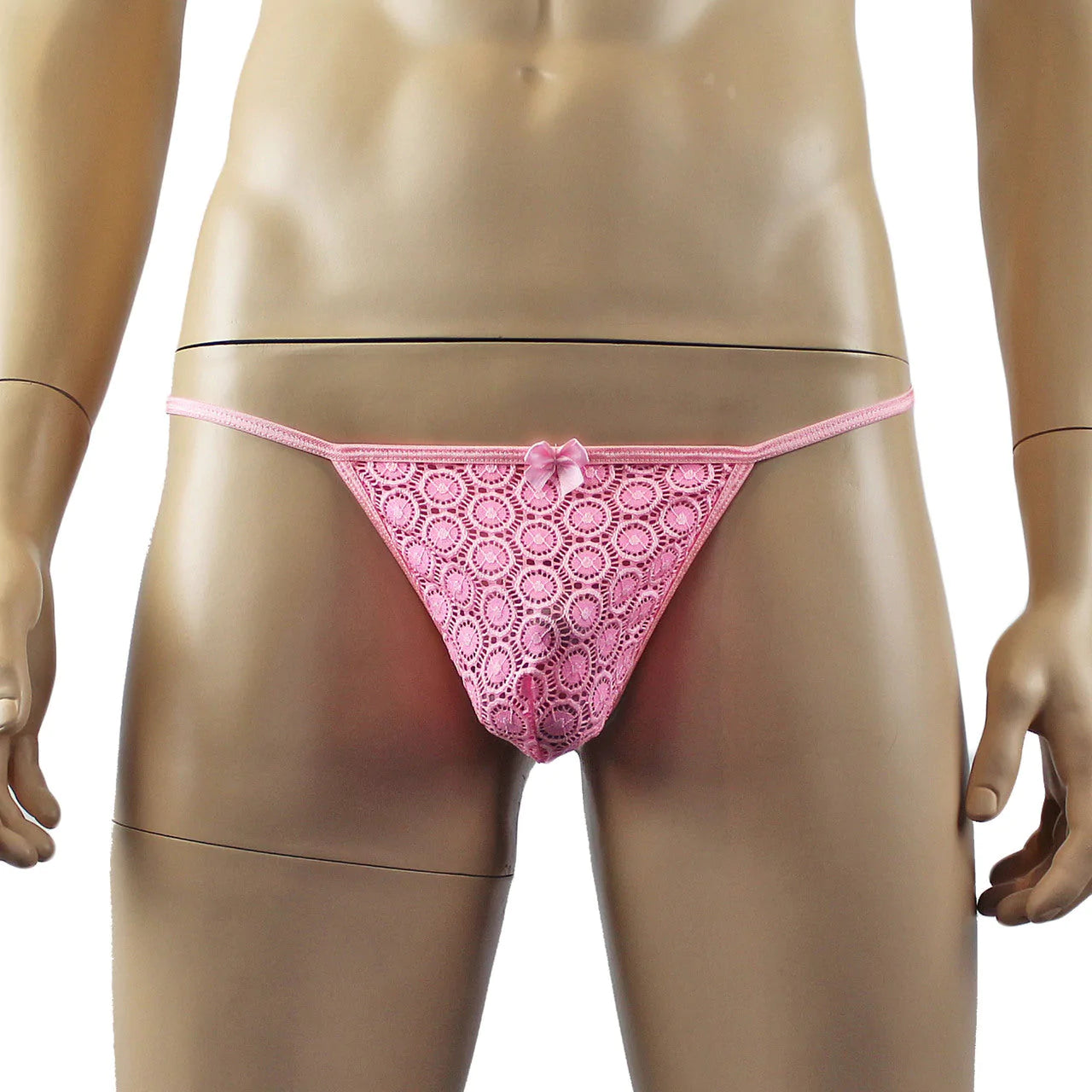 SALE - Mens Tease Circle Lace Pouch G string with Cute Bow Front Light Pink