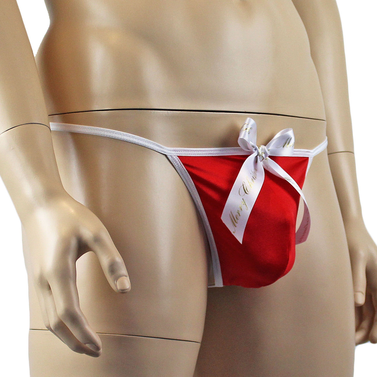 ns Stretch Spandex Pouch G string with Merry Christmas Bow Red and White